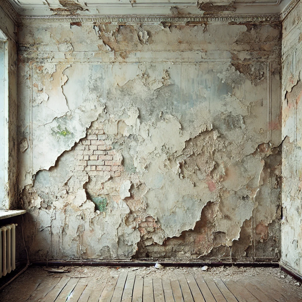 DALL·E 2024-10-22 15.13.15 - A photo of an interior wall in poor condition, showing significant peeling, large patches of missing paint, and visible cracks. The wall has noticeabl.webp